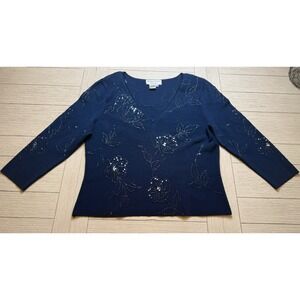 Adrianna Papell Navy Beaded V Neck Rayon Nylon Sweater Blouse Party Glam Sz 14